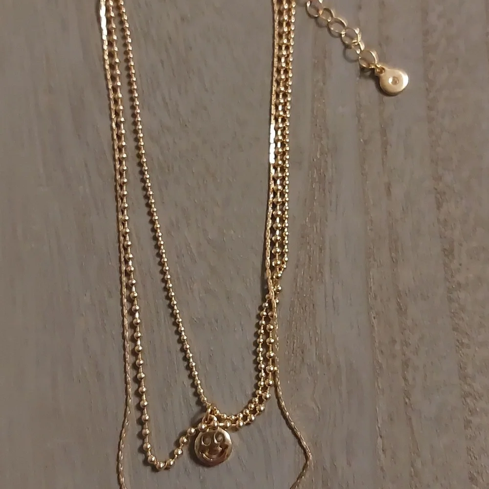 Gold Toned Three Strand Rainbow Smiley Face Ball Chain Necklace